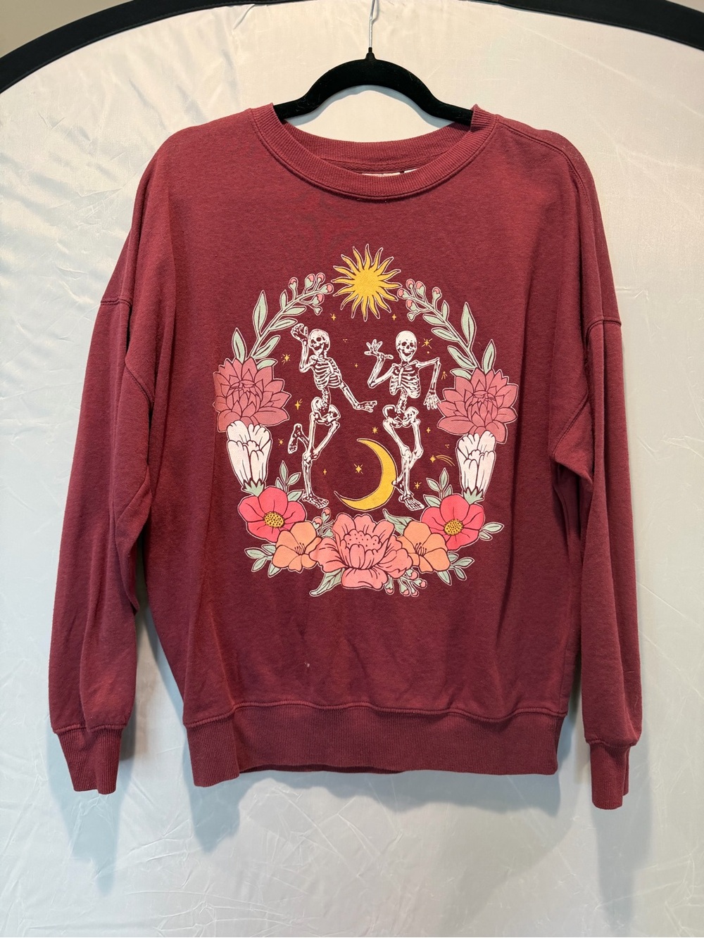 Mighty Fine Maroon Graphic Crewneck with Floral Sun & Moon Skeleton Design